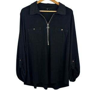 Tahari Black Gold Tone Zipper & Button Collared 2 Pocket 3/4 Sleeve Blouse 1X 2X